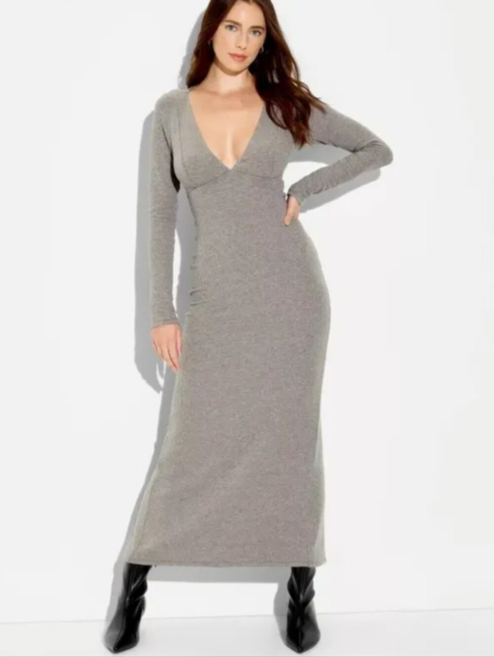 New Wild Fable Women's Gray Long Sleeve V-Neck Knit Maxi Dress